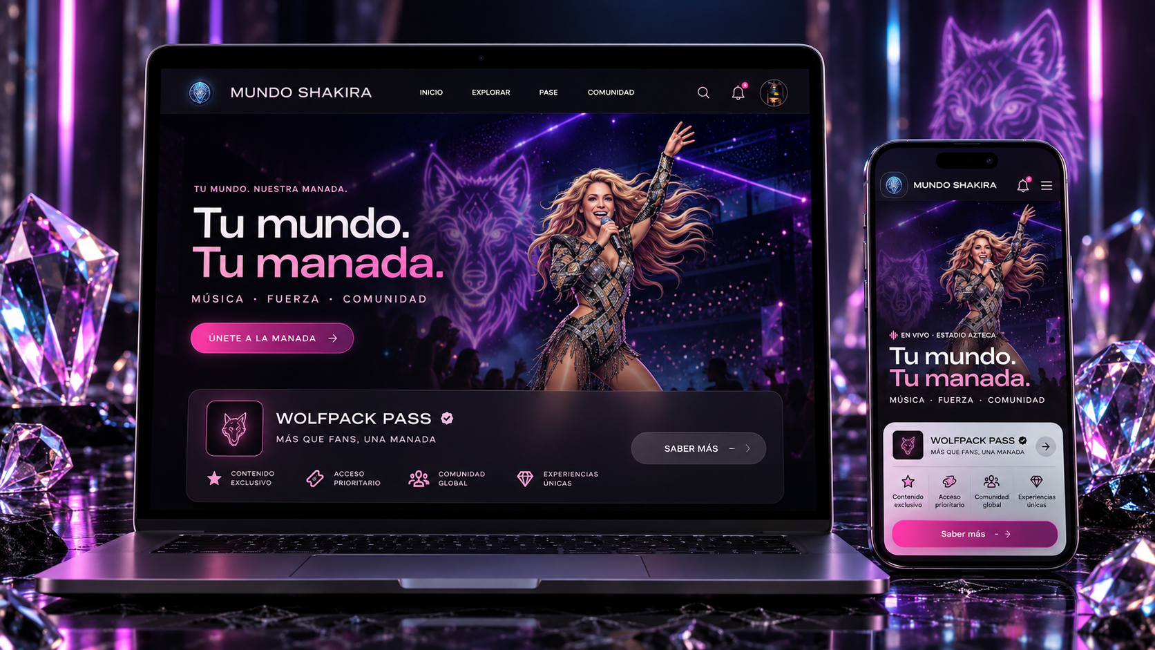 Concepto de Mundo Shakira en MacBook Pro y teléfono